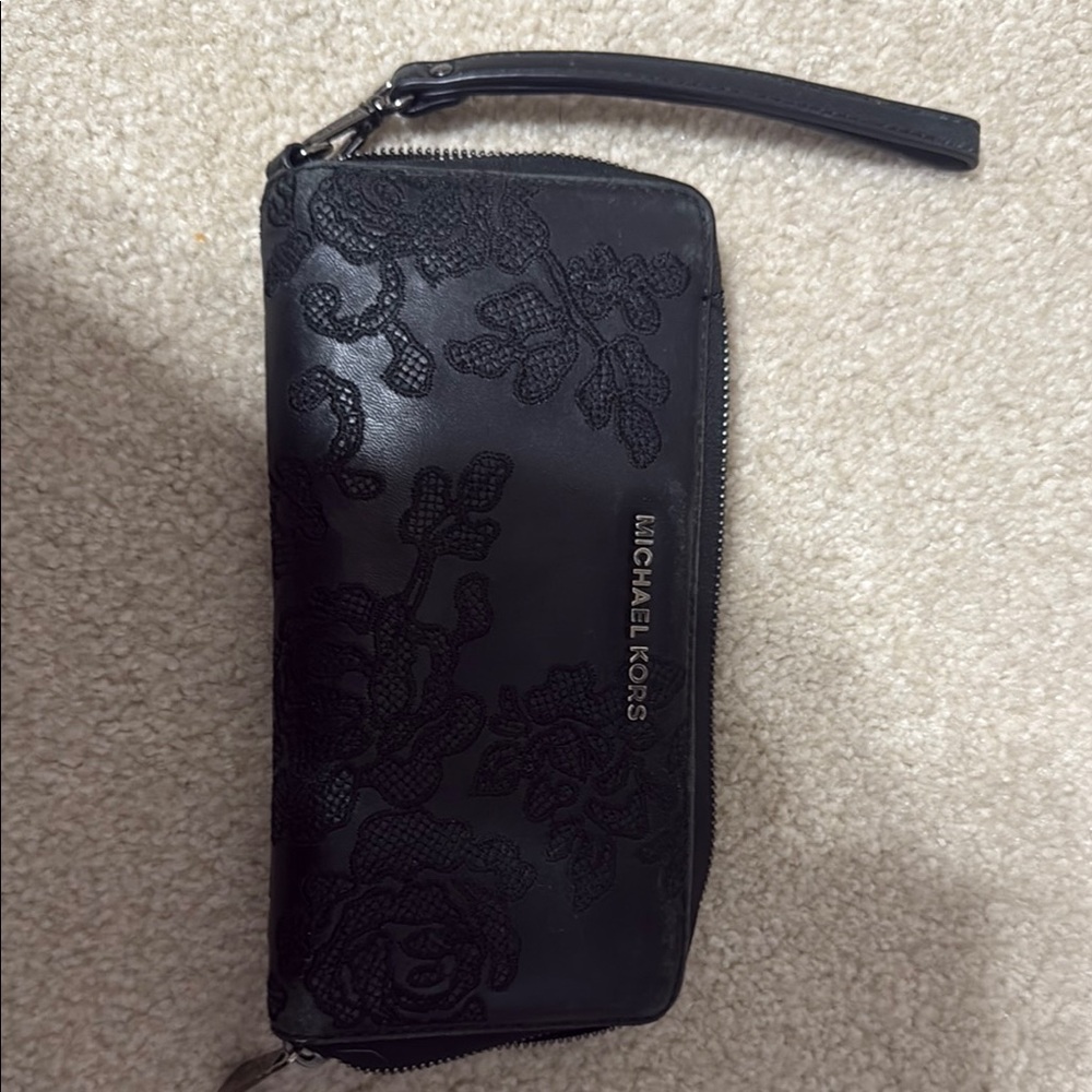 Michael Kors Black Floral Embossed Leather Wristlet
